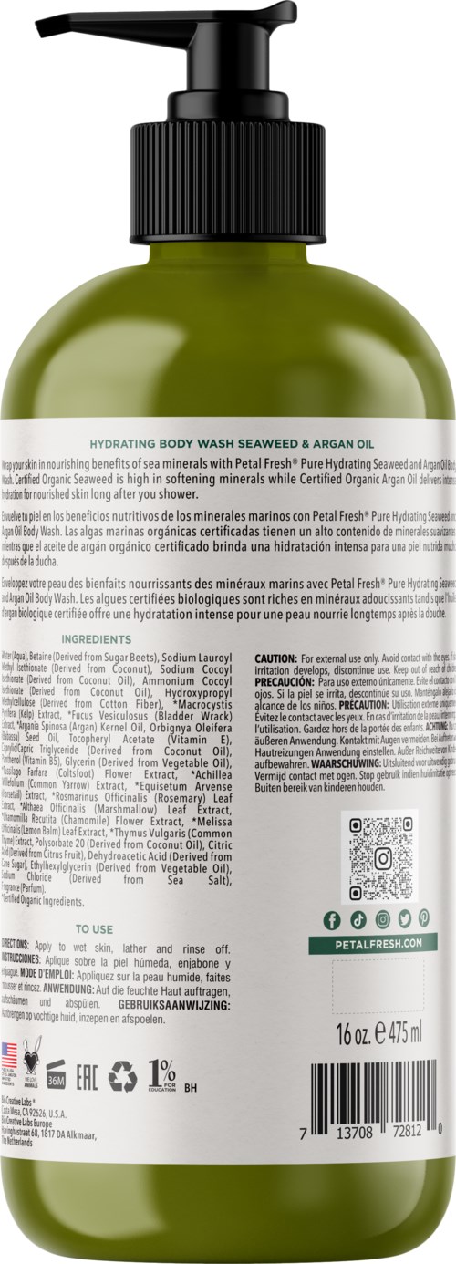 Green pump bottle with detailed label showing ingredients and instructions.