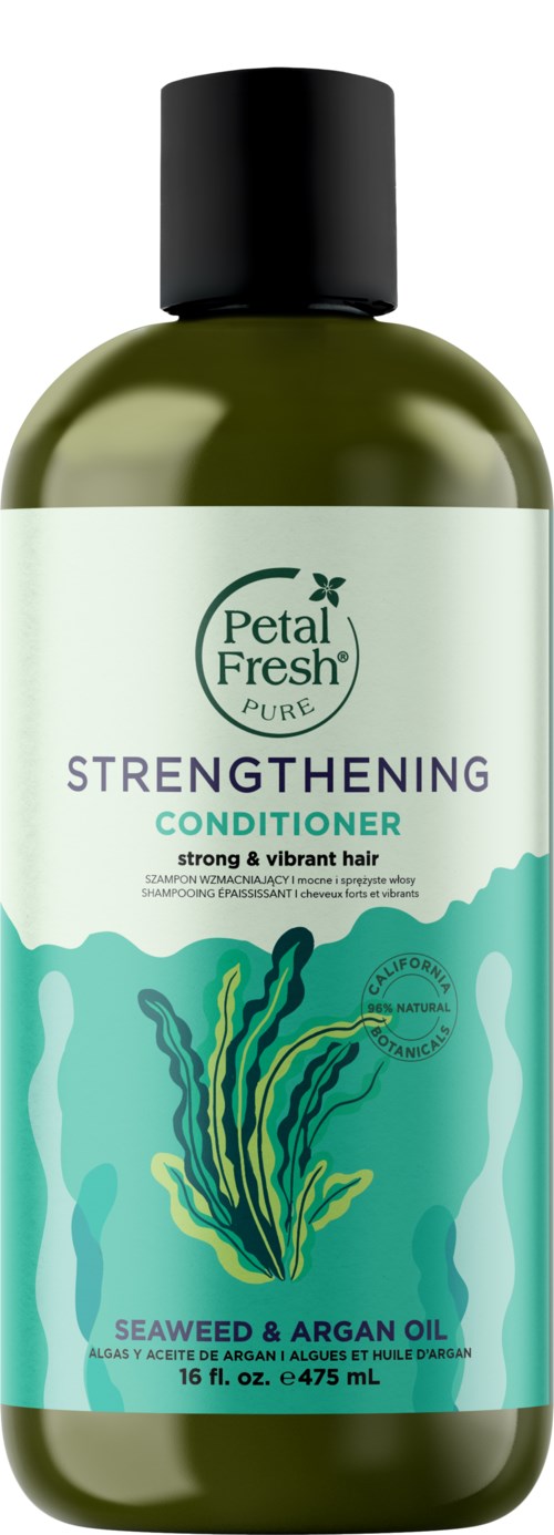 A green bottle of Petal Fresh strengthening conditioner with seaweed and argan oil for strong hair.