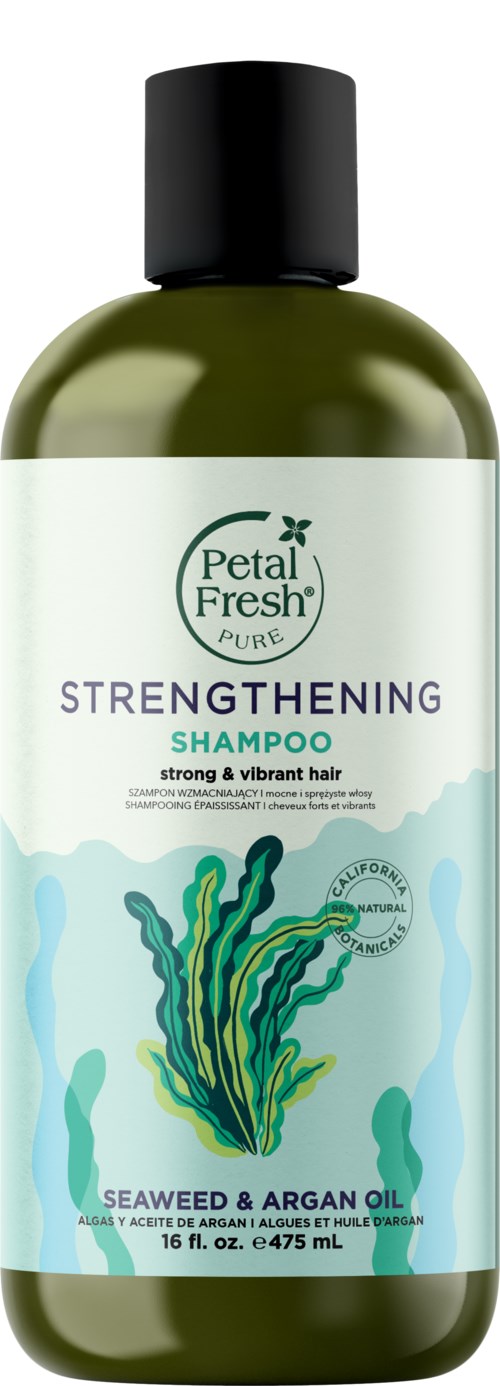 A green bottle of Petal Fresh shampoo with seaweed and argan oil, designed to strengthen and brighten hair.