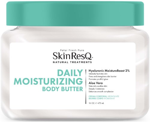 A jar of daily moisturizing body butter with a teal lid, containing labels for hydration and natural ingredients.