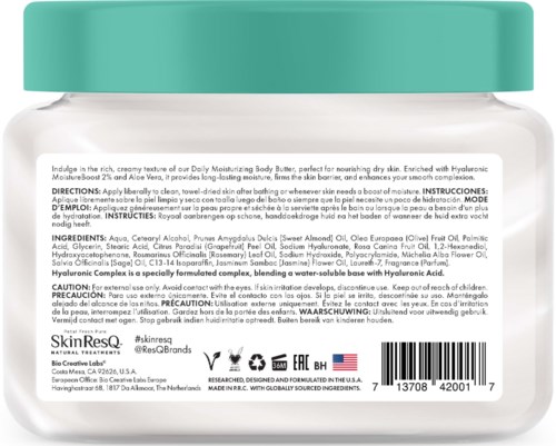 A jar of moisturizing cream with a teal lid and detailed ingredient and usage information on the label.