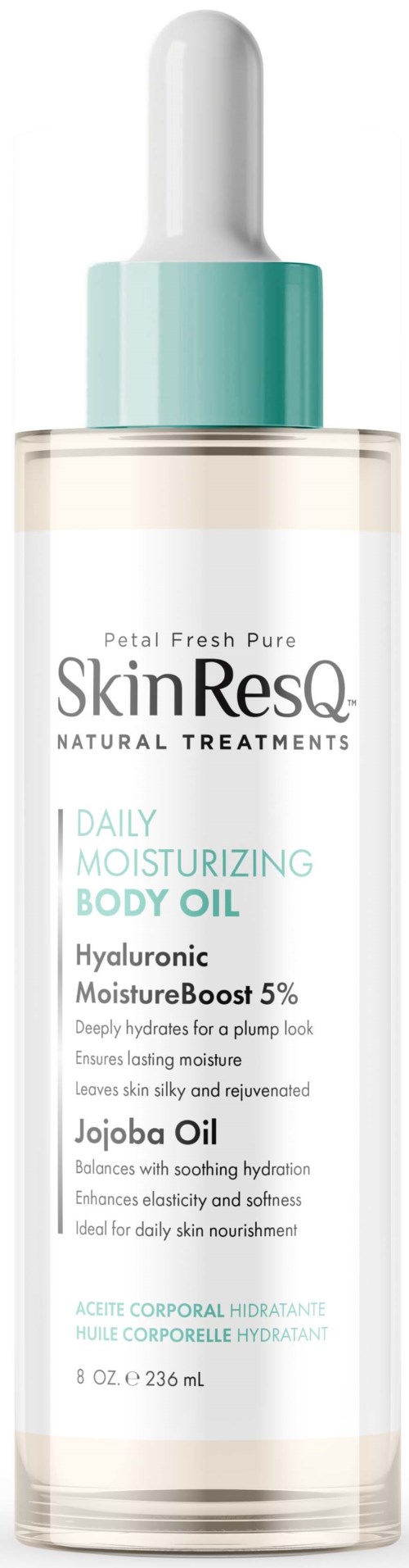 A clear bottle with a white dropper cap, labeled as daily moisturizing body oil with hyaluronic and jojoba oils.
