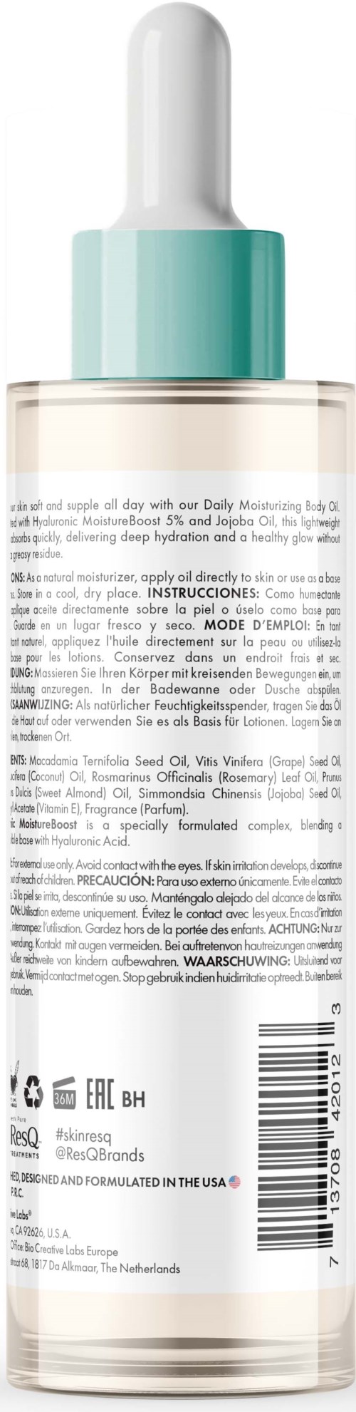A clear bottle with a blue cap, liquid inside, and text on the label for a skincare product.