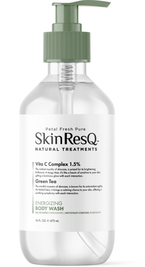 A clear dispensable bottle labeled SkinResQ body wash with a green pump, mentioning natural treatments and vitamin C.