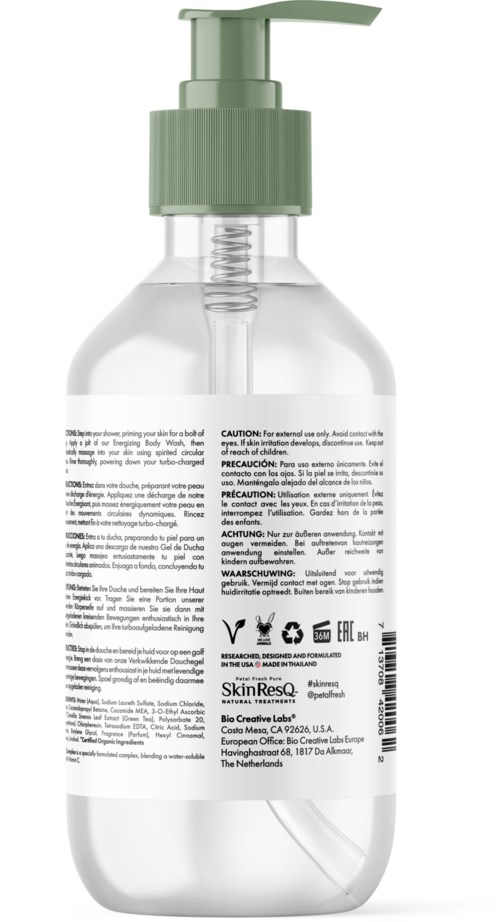 A clear bottle with a green pump contains liquid cleanser or hand sanitizer.