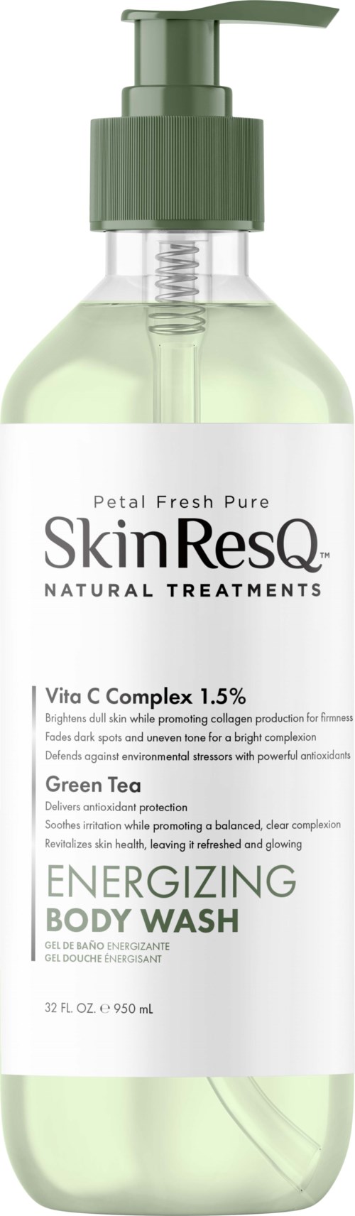 A bottle of Skin ResQ Energetizing Body Wash with pump, containing green-colored product.