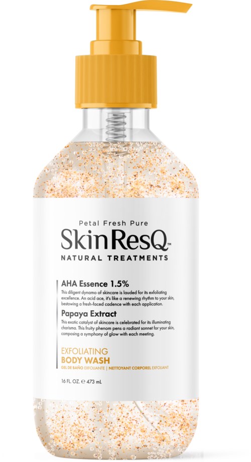 A white and yellow bottle with soap or body wash, labeled "SkinResQ" and "Exfoliating Body Wash."