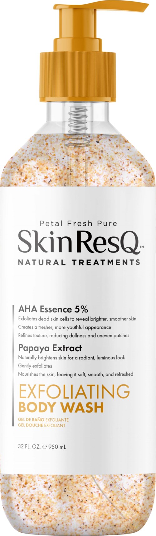 A bottle of SkinResQ exfoliating body wash with pump, featuring soap and scrub particles, lavender scent, and clear label.