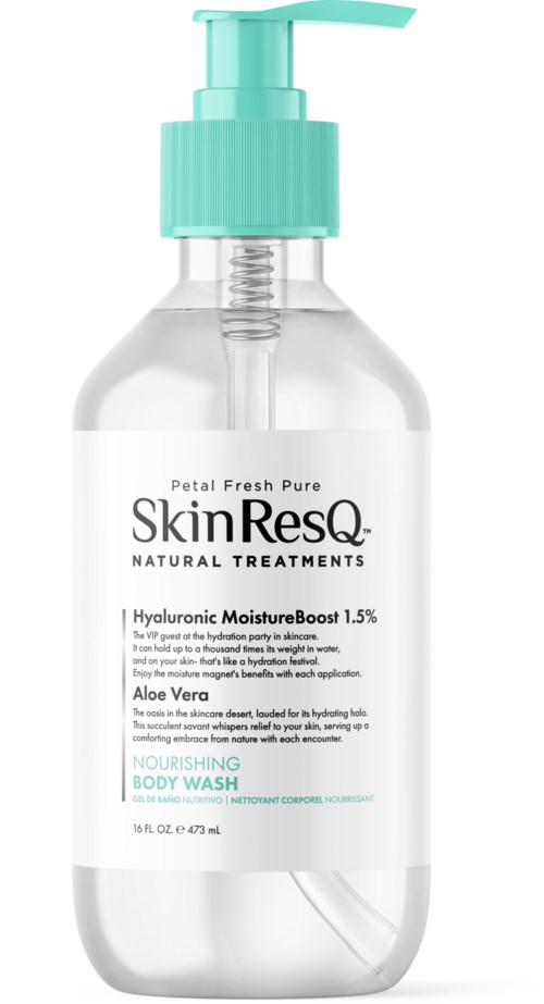 A clear plastic bottle with a light green pump contains SkinResQ nourishing body wash, labeled with product details and ingredients.