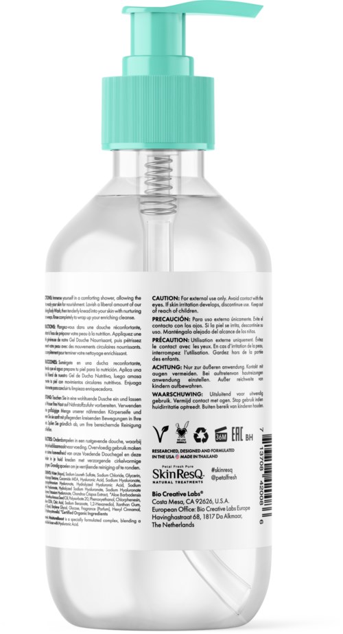 A clear plastic bottle with a teal pump, label with small text and symbols, used for liquid soap or sanitizer.