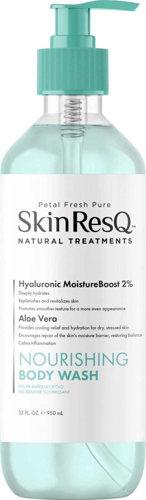 A clear bottle with a pump labeled SkinResQ nourishing body wash, containing aloe vera and hyaluronic moisture boosts.