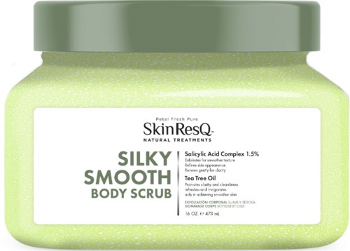 A light green jar of SkinResQ Silky Smooth Body Scrub with a lid and label describing its benefits.