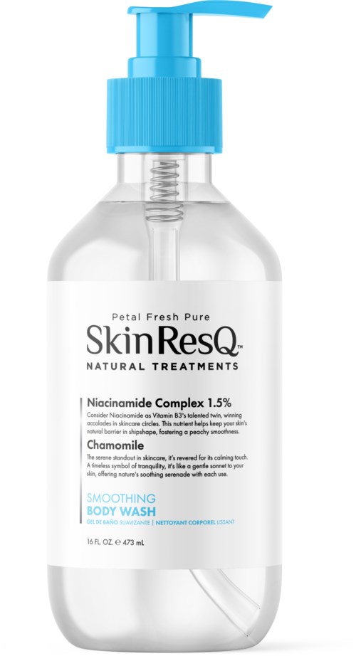A clear body wash bottle with a blue pump and label mentioning SkinResQ and chamomile for soothing skin.