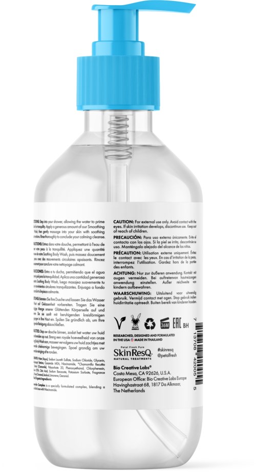 A clear plastic bottle with a blue pump, containing liquid, and text labels with instructions and warnings.