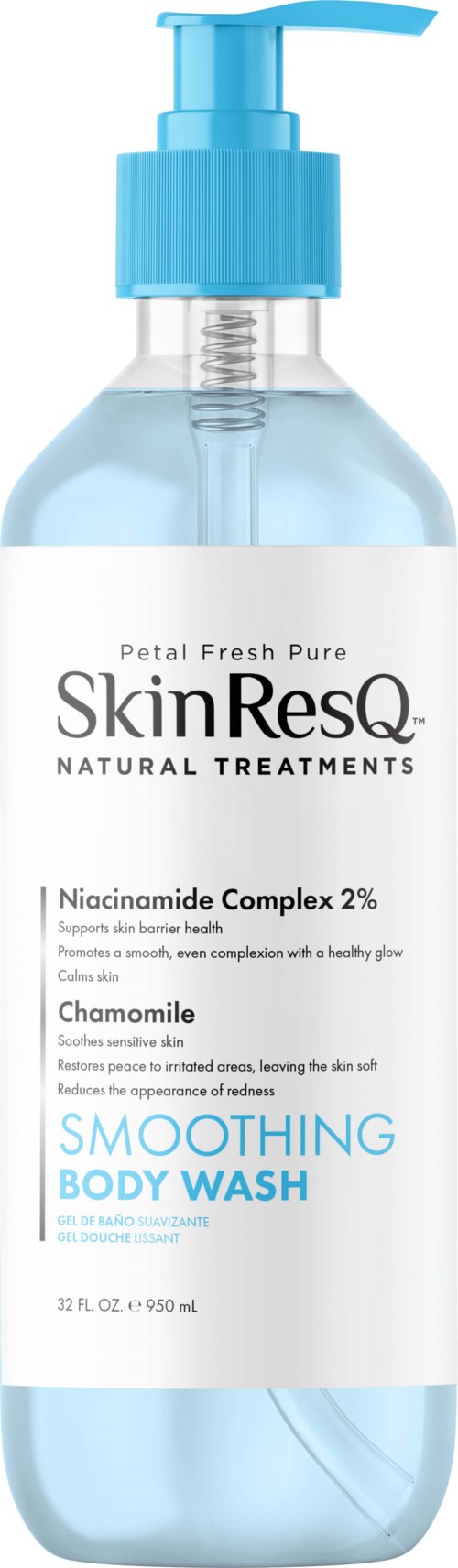 A clear bottle of SkinResQ Smoothing Body Wash with a blue pump and white label.