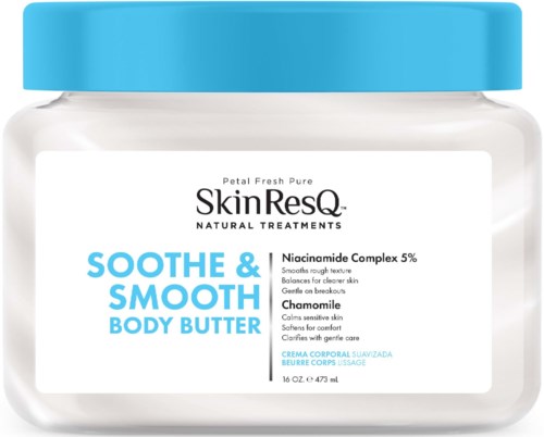A white jar of body butter with a blue lid, labeled "SkinResQ Soothe & Smooth Body Butter" and description of ingredients.