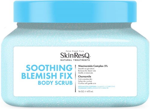 A jar of body scrub labeled as soothing blemish fix with ingredients like niacinamide and chamomile.
