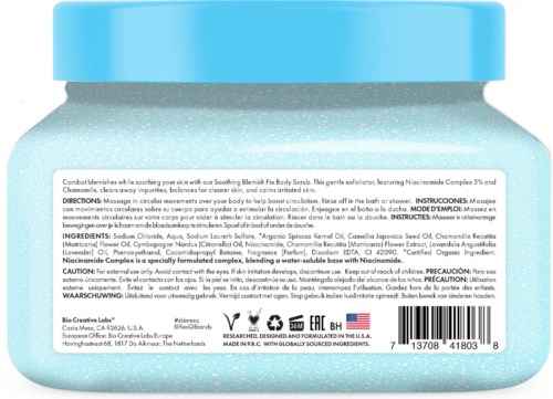A jar of skincare cream with a blue lid, white label, and detailed instructions on usage and ingredients.
