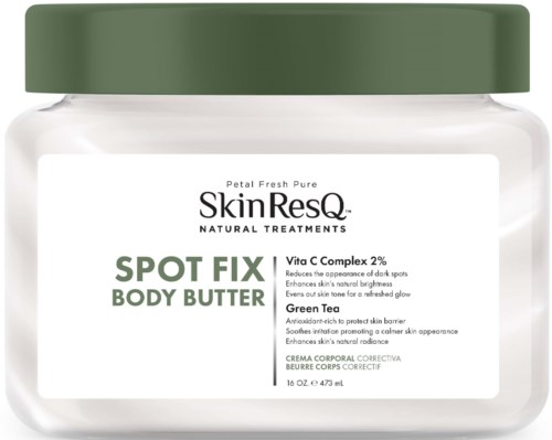 A jar of SkinResQ Spot Fix Body Butter with a green lid and white label, highlighting natural treatments for skin spots.