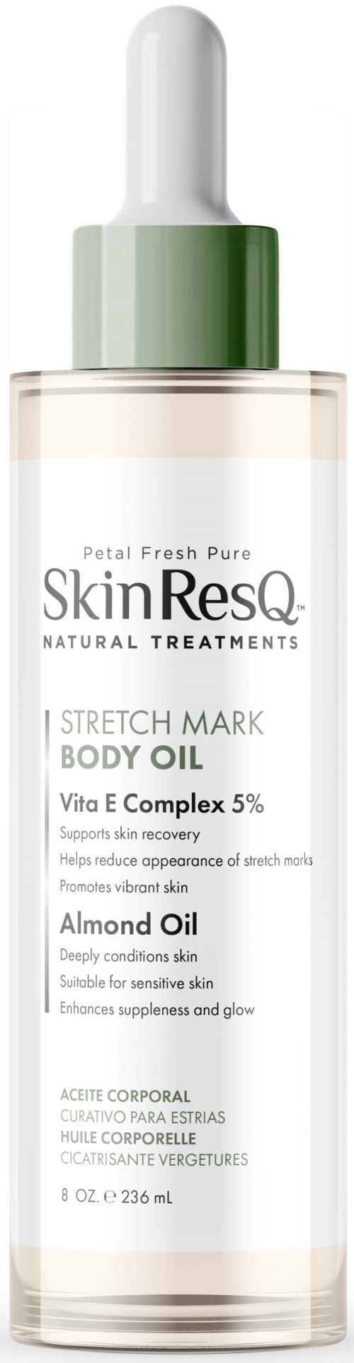 A clear bottle with a green cap contains SkinResQ stretch mark body oil, with a dropper on top.
