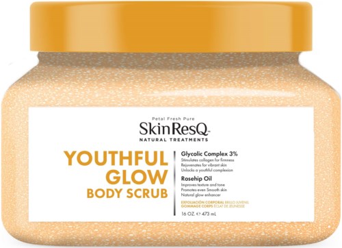 A body scrub jar labeled Youthful Glow with gold lid and white and orange text.