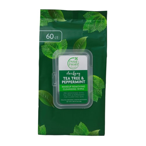 A green bag of Petal Fresh cleansing wipes with tea tree and peppermint scent, 60 wipes inside.