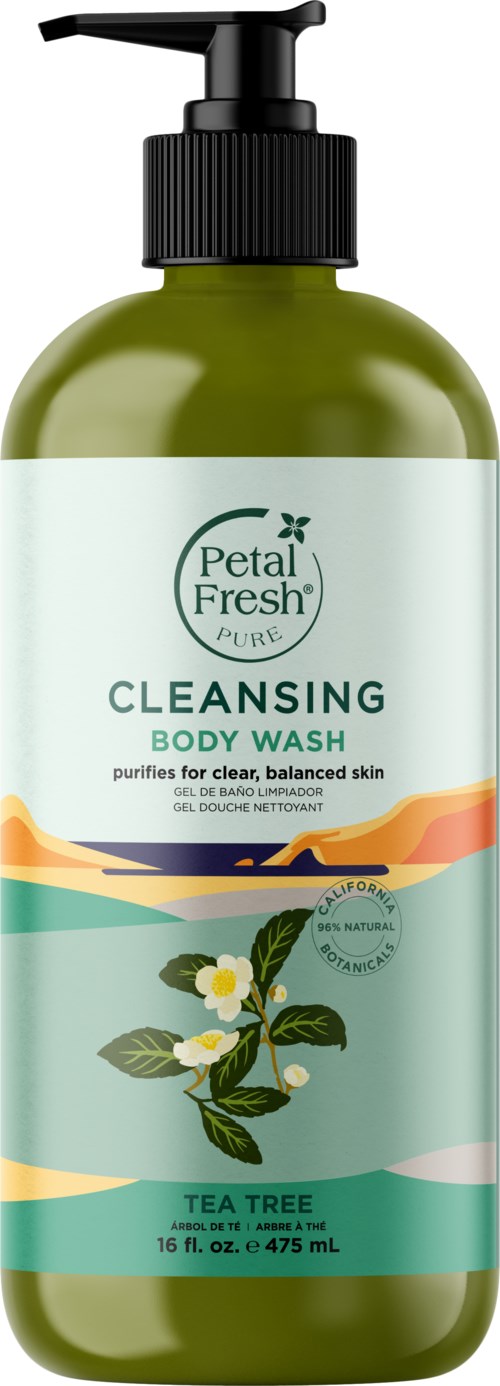 Green bottle of Petal Fresh cleansing body wash with tea tree, lemon, and herbal scents, suitable for clean, balanced skin.