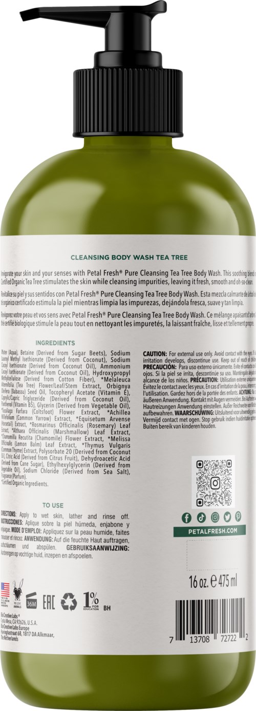 A green bottle with a black pump labeled as a body wash with tea tree. Contains instructions and ingredients.