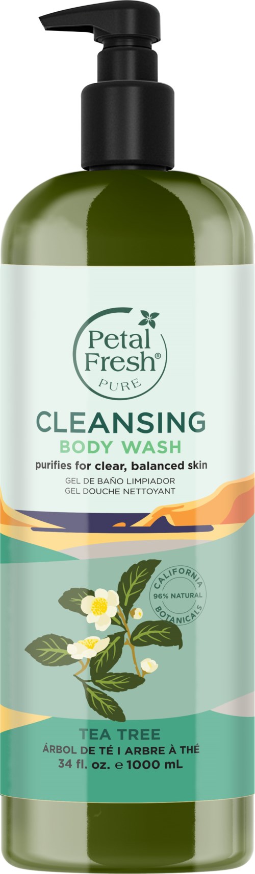 Green bottle of Petal Fresh body wash with a black pump, says tea tree, cleanses and balances skin.