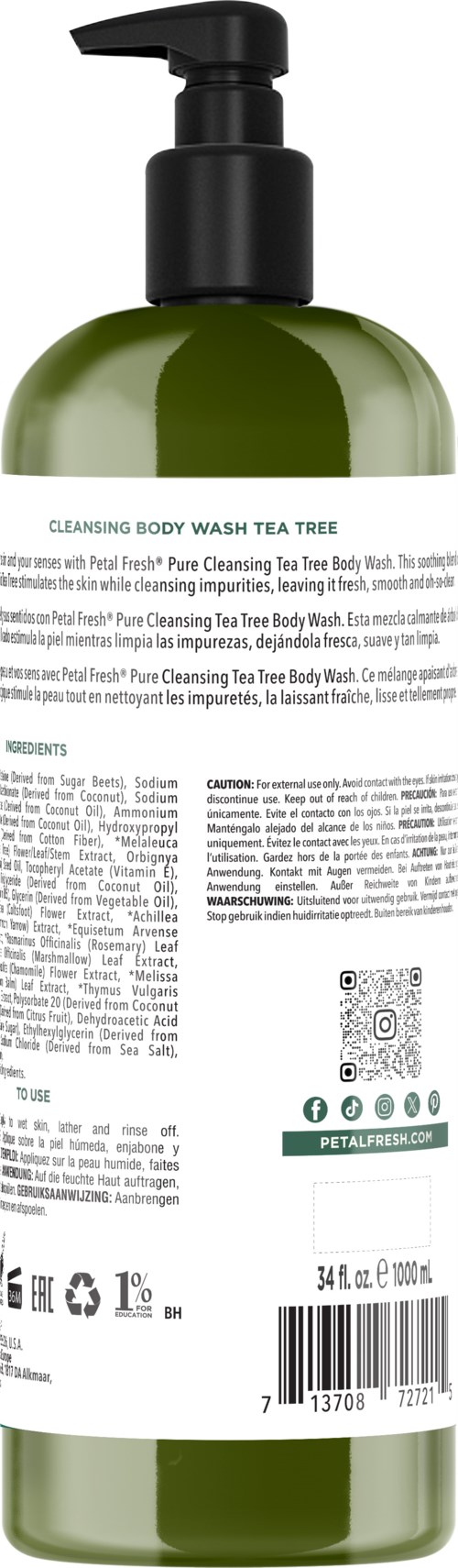 A green bottle with a black pump, labeled as a cleansing body wash tea tree.