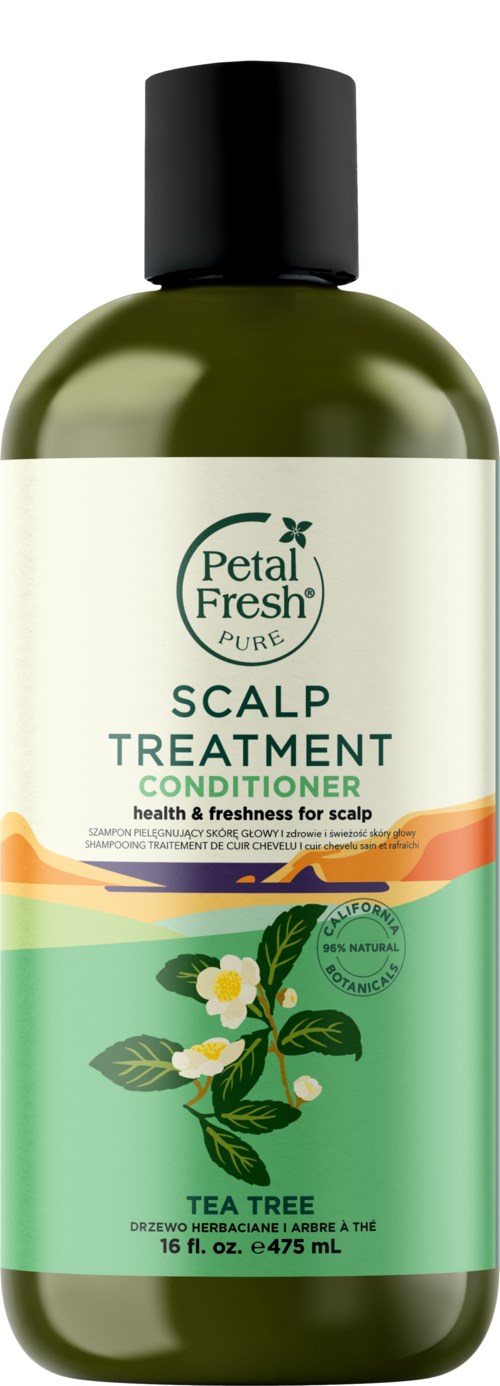 A green bottle of Petal Fresh scalp treatment conditioner with a label showing tea tree and a plant image.