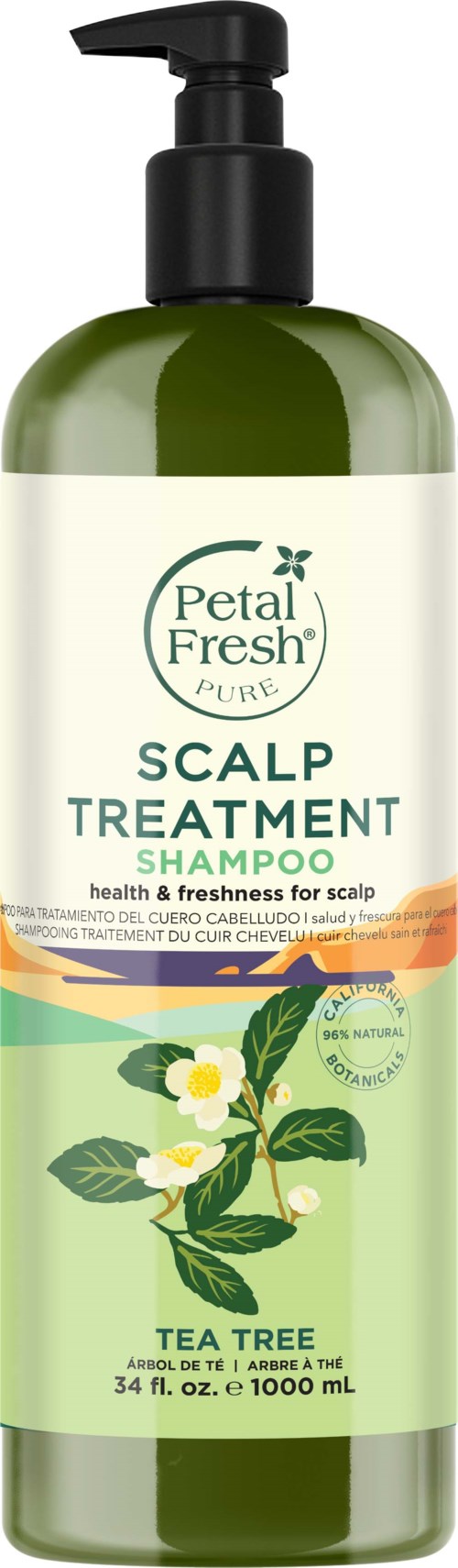 Green shampoo bottle with a pump, labeled 'Petal Fresh Pure Scalp Treatment Shampoo' with tea tree illustration.