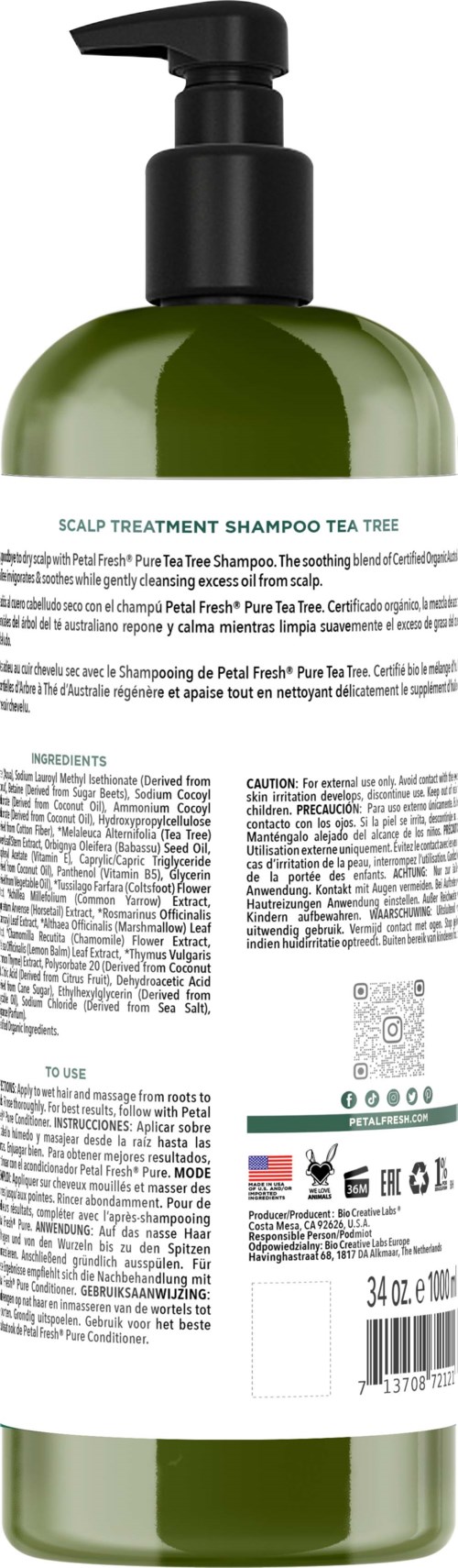Green bottle with a black pump, labeled as scalp treatment shampoo with tea tree, containing detailed ingredients and instructions.