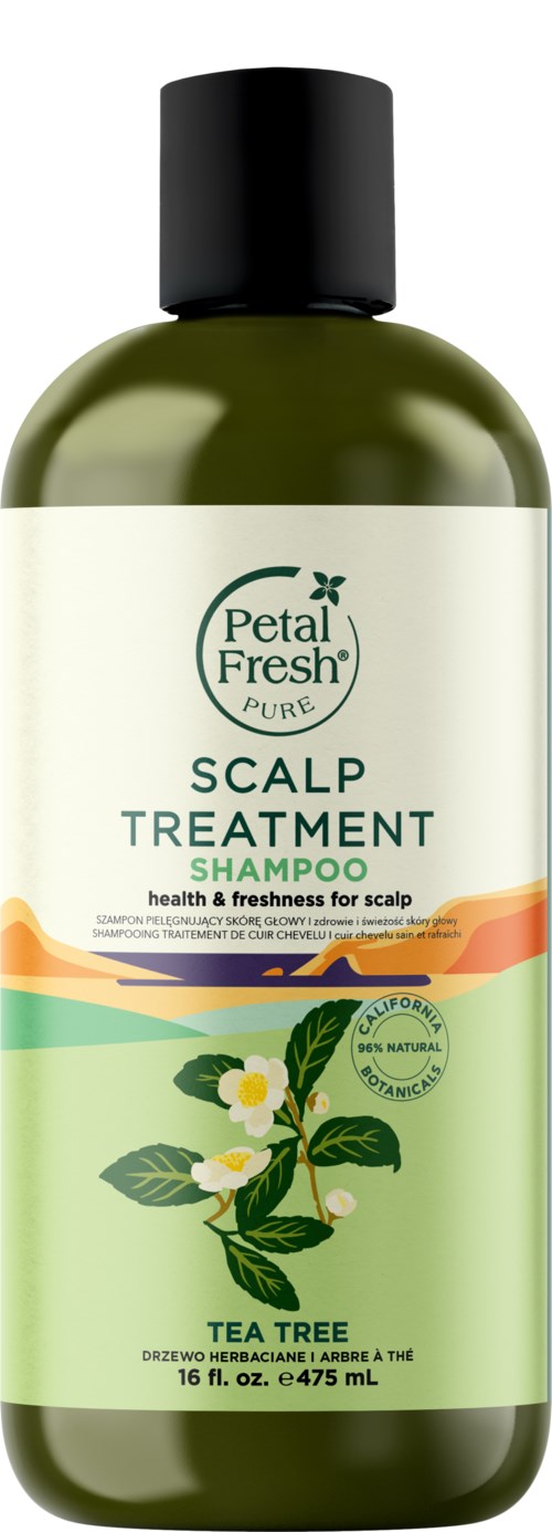 A green bottle of Petal Fresh Scalp Treatment Shampoo with tea tree, designed for scalp health. Contains 16 oz.