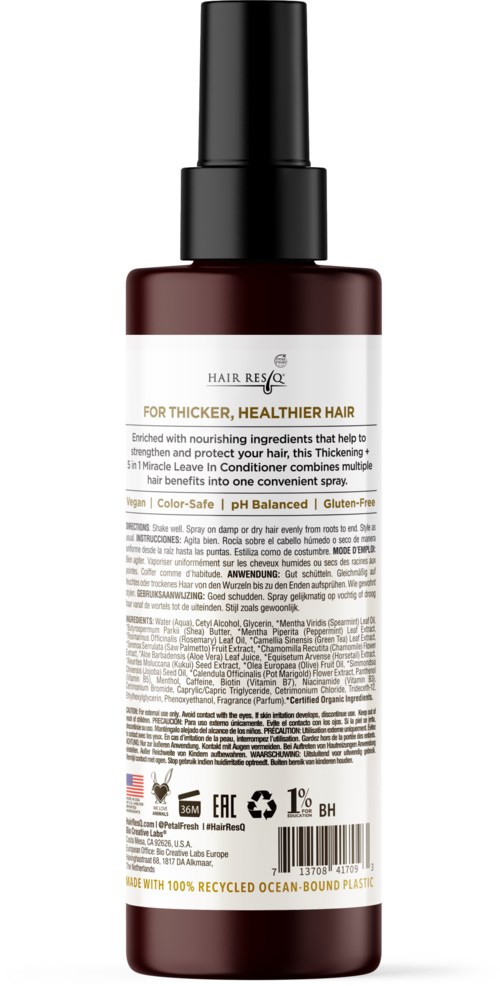 Bottled hair treatment for thicker, healthier hair with nourishing ingredients, alcohol-free, non-GMO, gluten-free, and eco-friendly packaging.