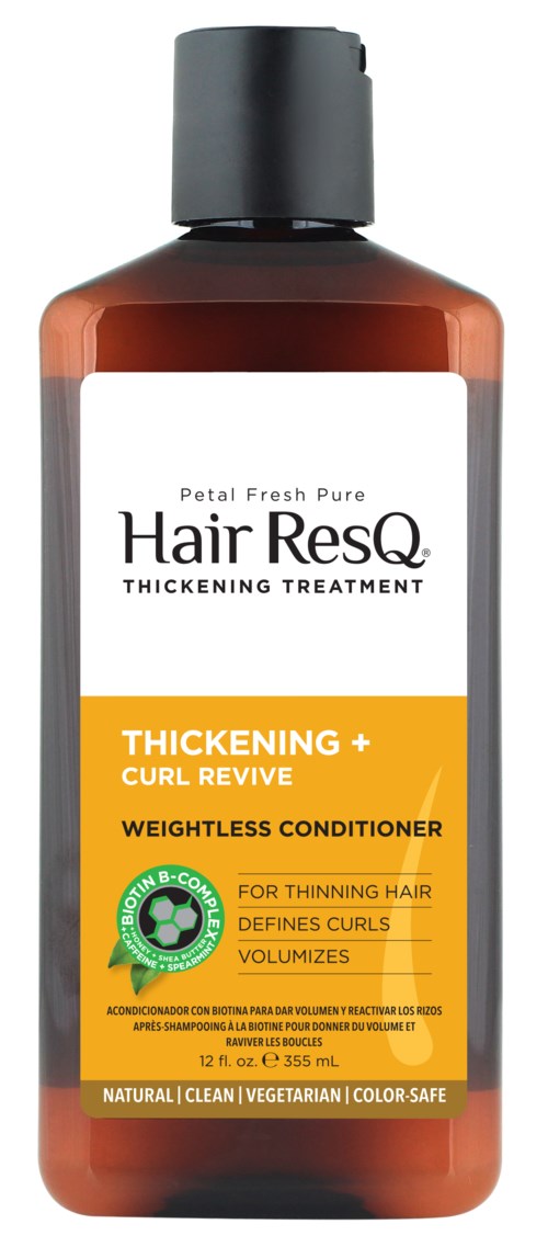 A brown bottle with a black cap and a label that mentions hair thickening, curling, and weightless conditioner.