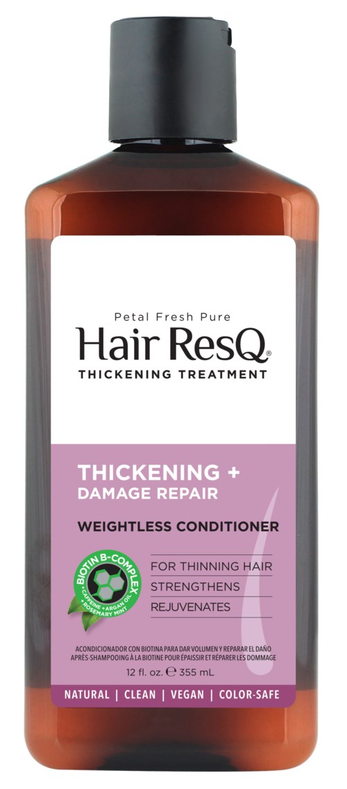 A brown bottle with a black cap, labeled 'Hair ResQ' for hair thickening and repair.