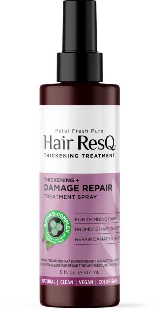 A brown spray bottle labeled 'Hair ResQ Thickening Treatment' with a black cap, promoting hair repair and thinning hair benefits.