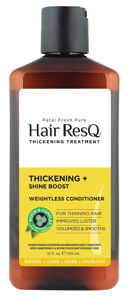 A brown bottle with a black cap, labeled Hair ResQ, promotes thickening and shine for hair, including benefits of volume and smoothness.
