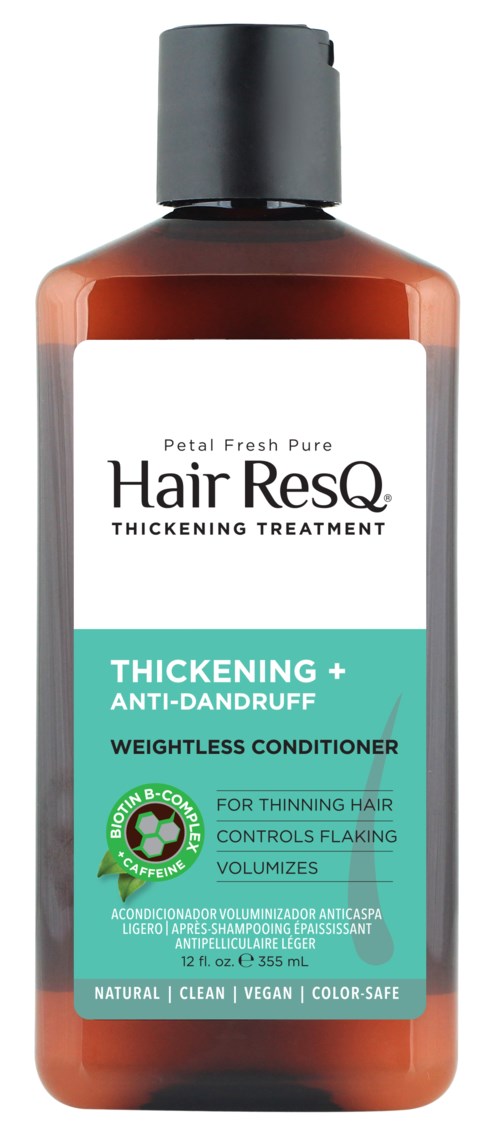 A brown bottle with a black cap labeled as Hair ResQ thickening treatment for thinning hair and dandruff control.