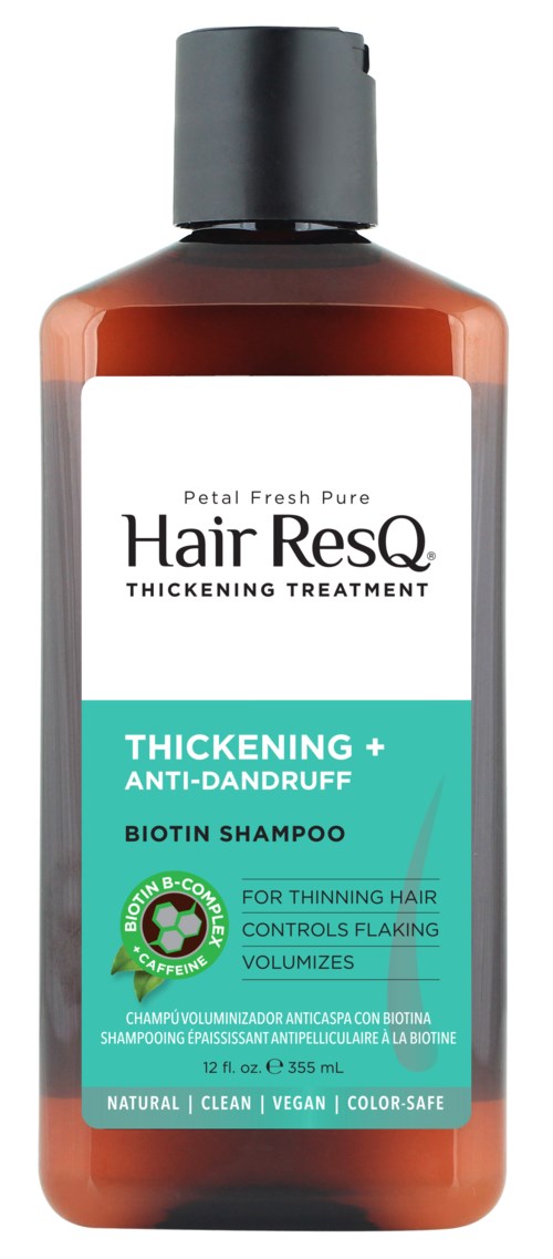 A brown bottle of shampoo labeled 'Hair ResQ' for thickening and anti-dandruff, with a black cap and white and green text.