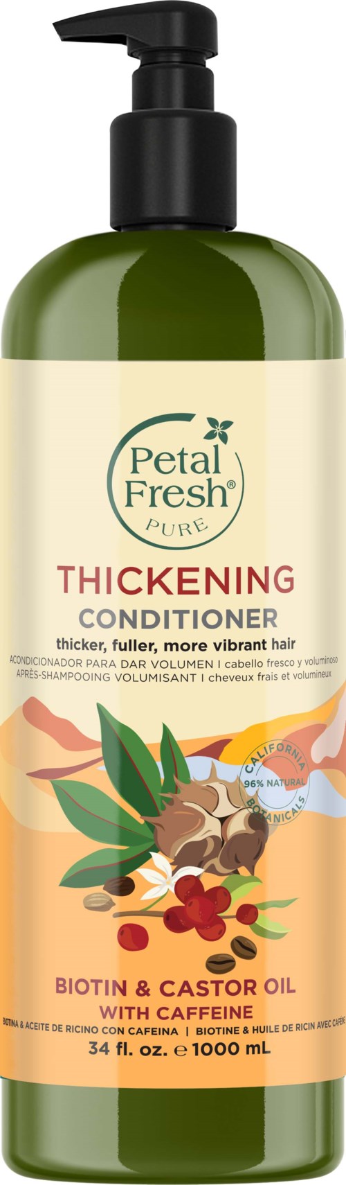 A green bottle of Petal Fresh Thickening Conditioner with a pump, featuring a label with leaves, berries, and a dog image.