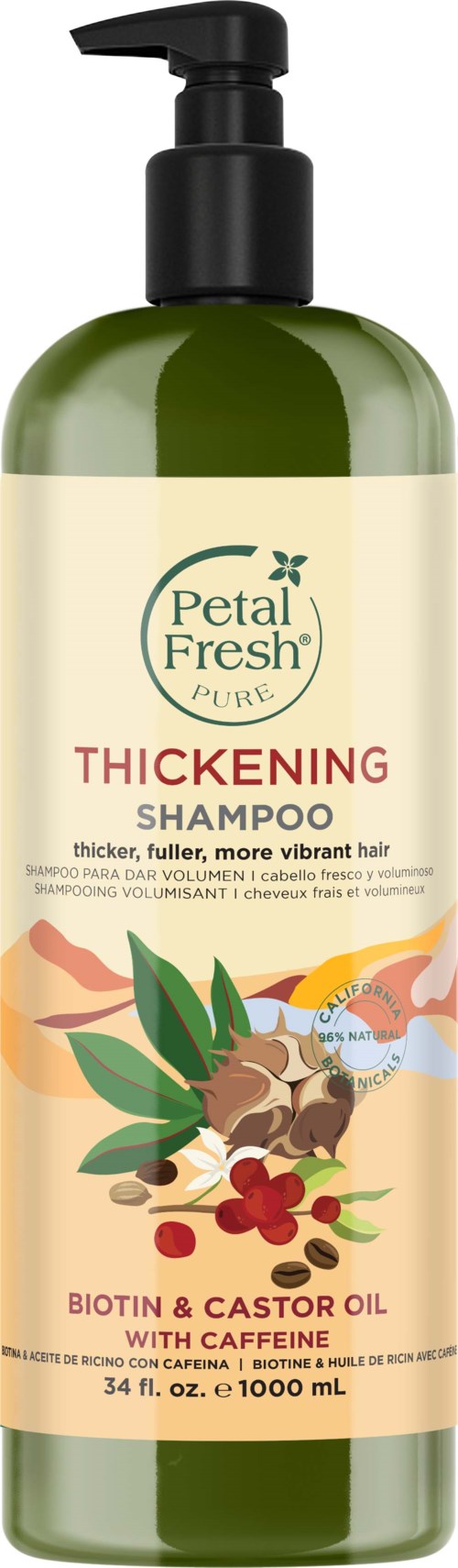 A green bottle of Petal Fresh shampoo with a pump, labeled for thickening hair with natural oils and vitamins.