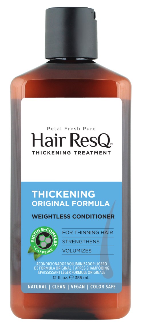 A brown bottle labeled 'Hair ResQ' with a black cap, for thinning hair, featuring blue and white text.