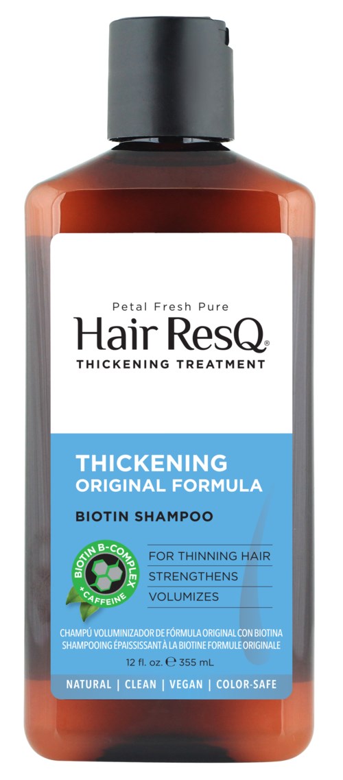 A brown bottle with a black cap, labeled as Hair ResQ Thickening Original Formula Biotin Shampoo.