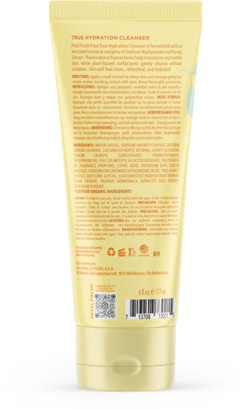 A yellow tube of True Hydration Cleanser with text instructions and ingredients on the back.