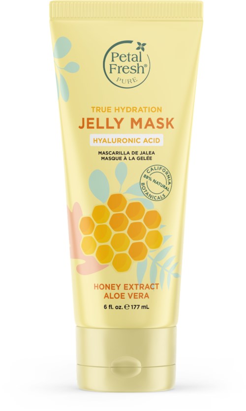 A tube of Petal Fresh jelly mask with honey extract, aloe vera, and hyaluronic acid, promoting skin hydration.