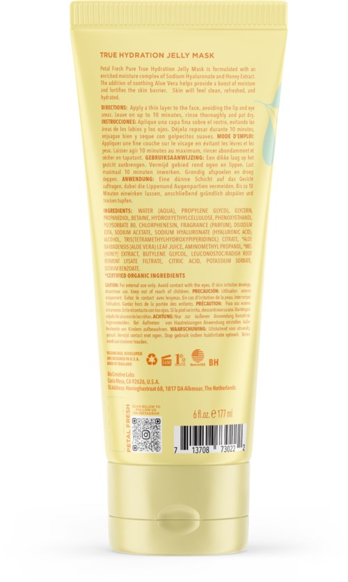 A yellow tube labeled 'True Hydration Jelly Mask' with instructions and ingredients printed on it.
