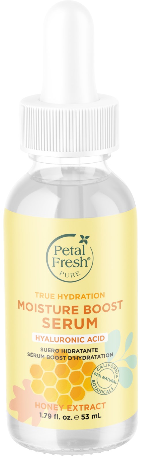 A small clear bottle with a dropper, label shows Petal Fresh brand, describes moisture boost serum with hyaluronic acid.