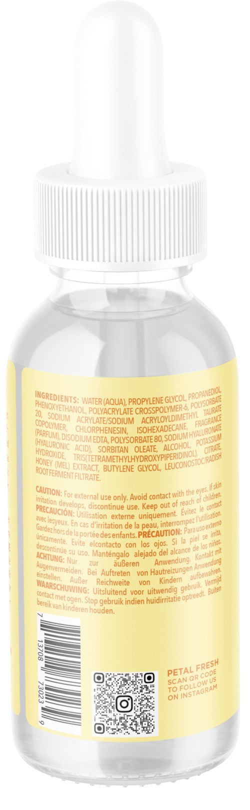 A clear glass dropper bottle with a white cap and a yellow label showing text and a barcode.